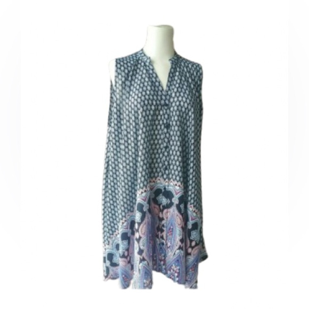 Umgee Blue , Pink and White Mandarin Collar Buttoned Mini Dress /Coverup - Picture 5 of 6